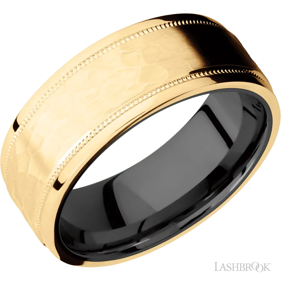 8 mm wide Flat Stepped Edges Milgrain 14K Yellow Gold band featuring a Zirconium sleeve.