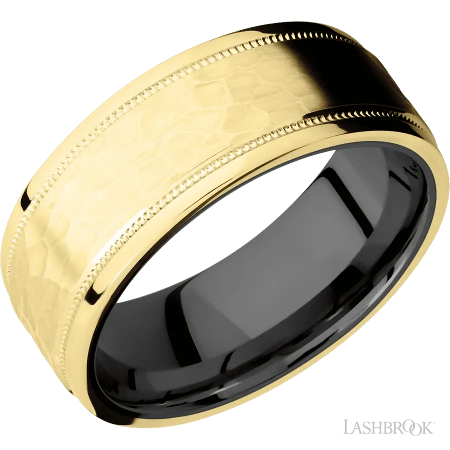 8 mm wide Flat Stepped Edges Milgrain 14K Yellow Gold band featuring a Zirconium sleeve.