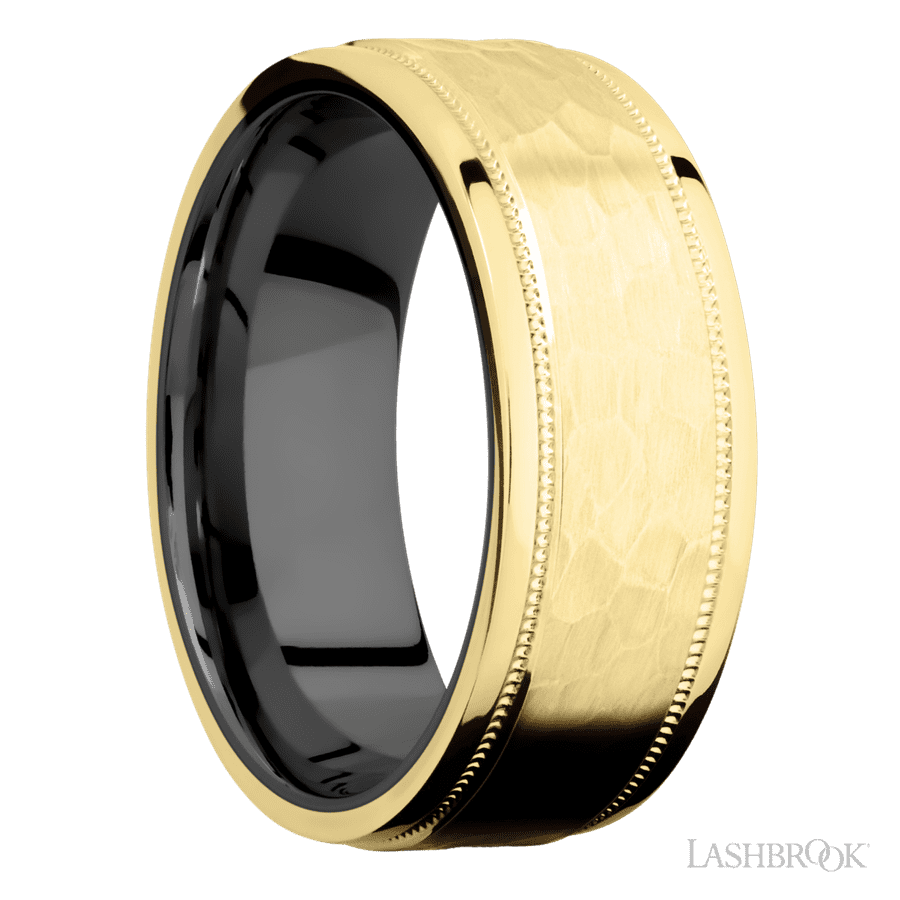 8 mm wide Flat Stepped Edges Milgrain 14K Yellow Gold band featuring a Zirconium sleeve.