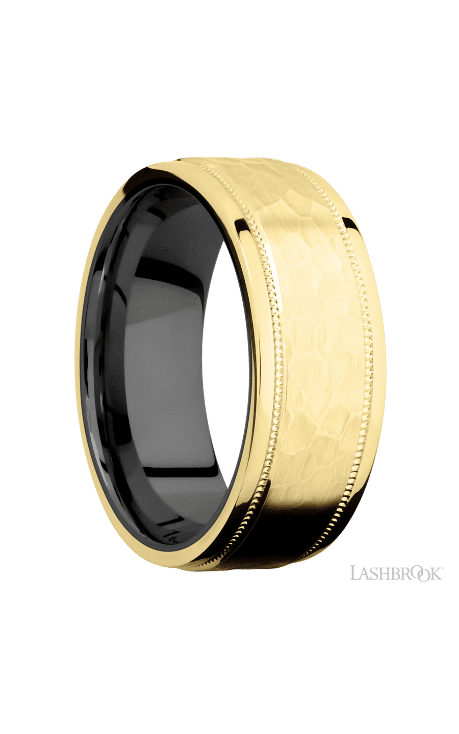 8 mm wide Flat Stepped Edges Milgrain 14K Yellow Gold band featuring a Zirconium sleeve.