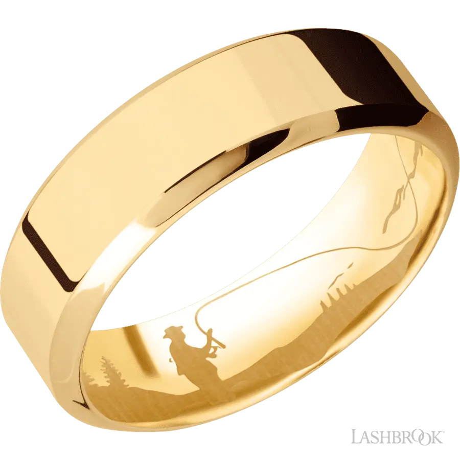 7 mm wide High Bevel 14K Yellow Gold band.