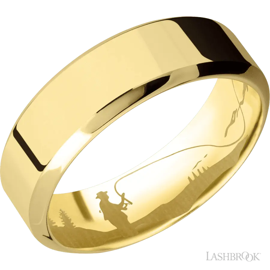 7 mm wide High Bevel 14K Yellow Gold band. Lashbrook