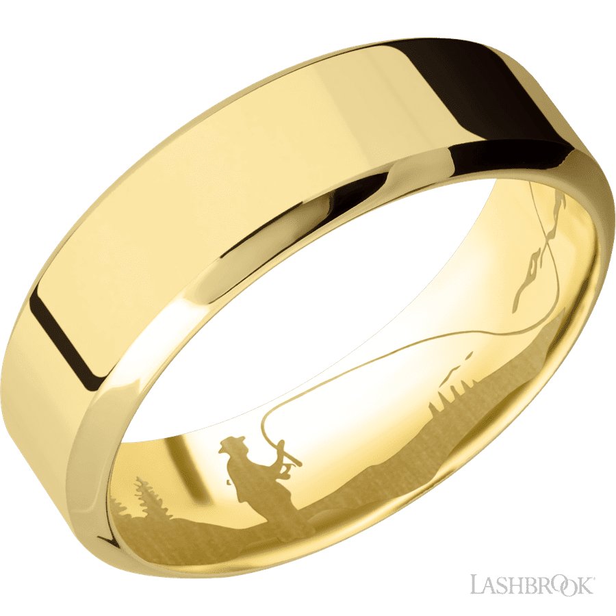 7 mm wide High Bevel 14K Yellow Gold band.