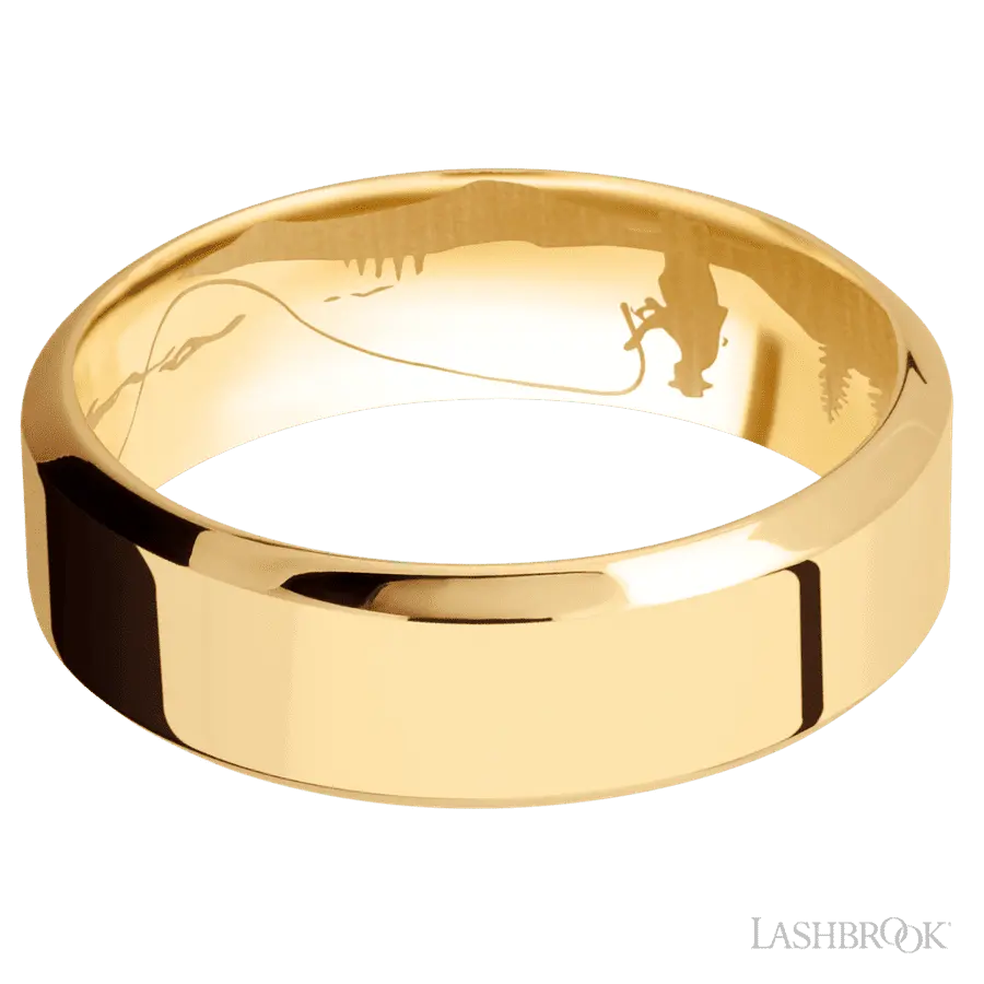 7 mm wide High Bevel 14K Yellow Gold band.