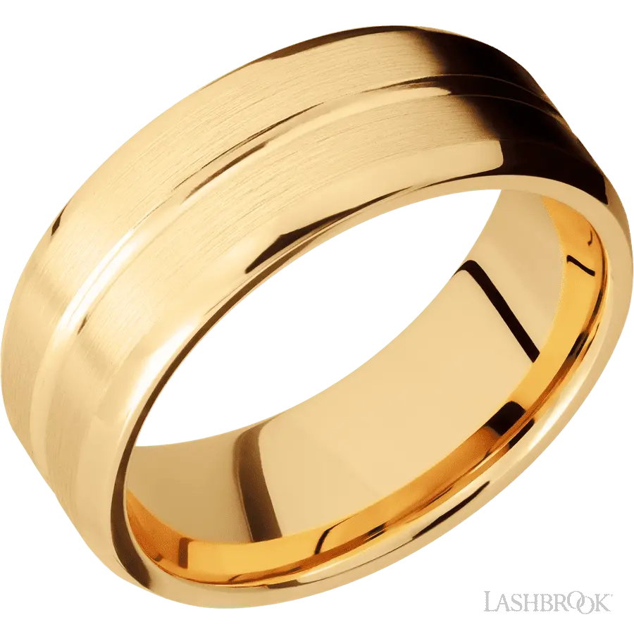 8 mm wide Beveled with Center Accent Groove 14K Yellow Gold band.