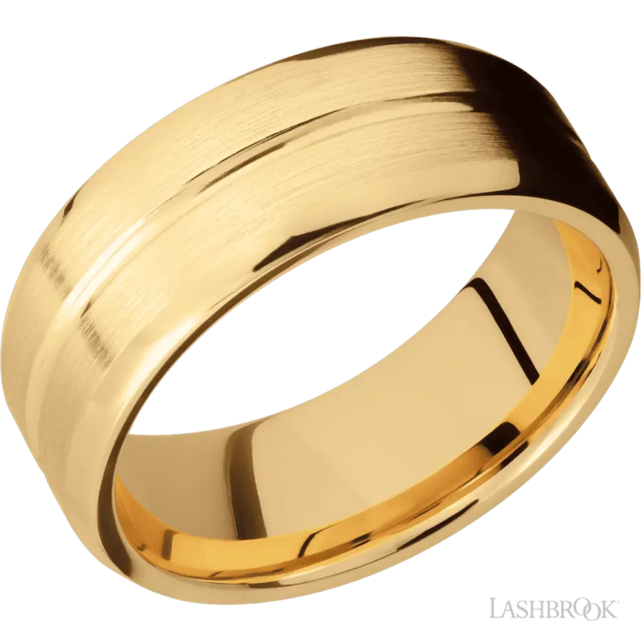 8 mm wide Beveled with Center Accent Groove 14K Yellow Gold band.
