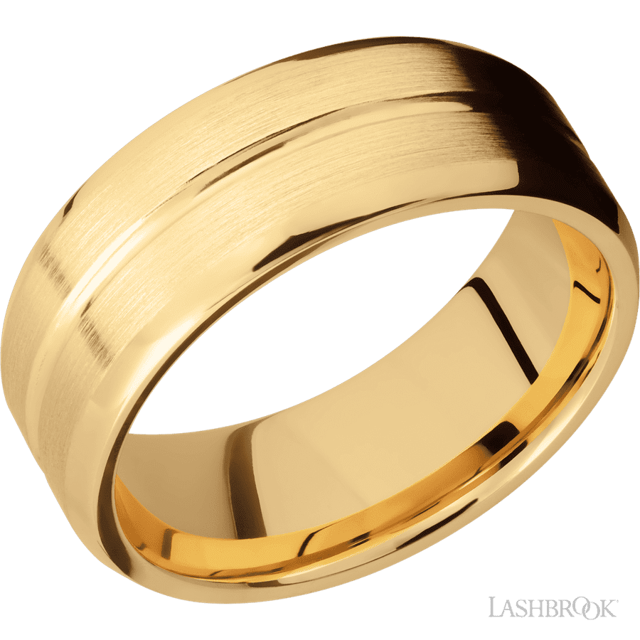 8 mm wide Beveled with Center Accent Groove 14K Yellow Gold band.
