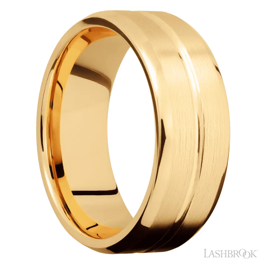8 mm wide Beveled with Center Accent Groove 14K Yellow Gold band.
