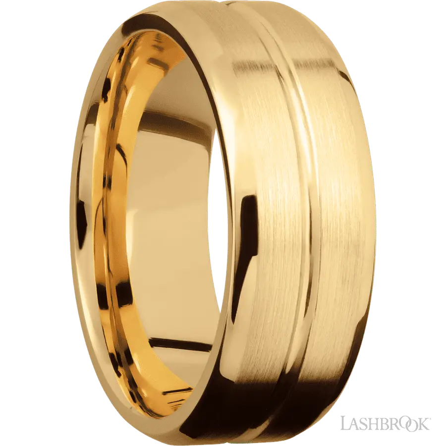 8 mm wide Beveled with Center Accent Groove 14K Yellow Gold band.