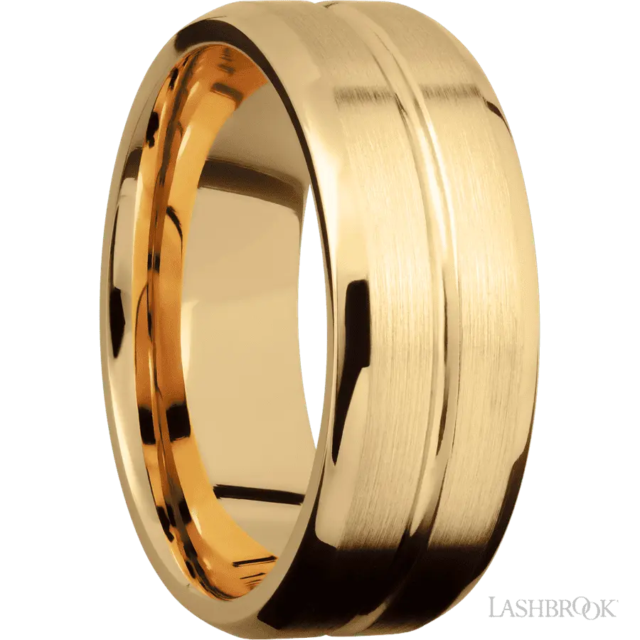 8 mm wide Beveled with Center Accent Groove 14K Yellow Gold band. Lashbrook