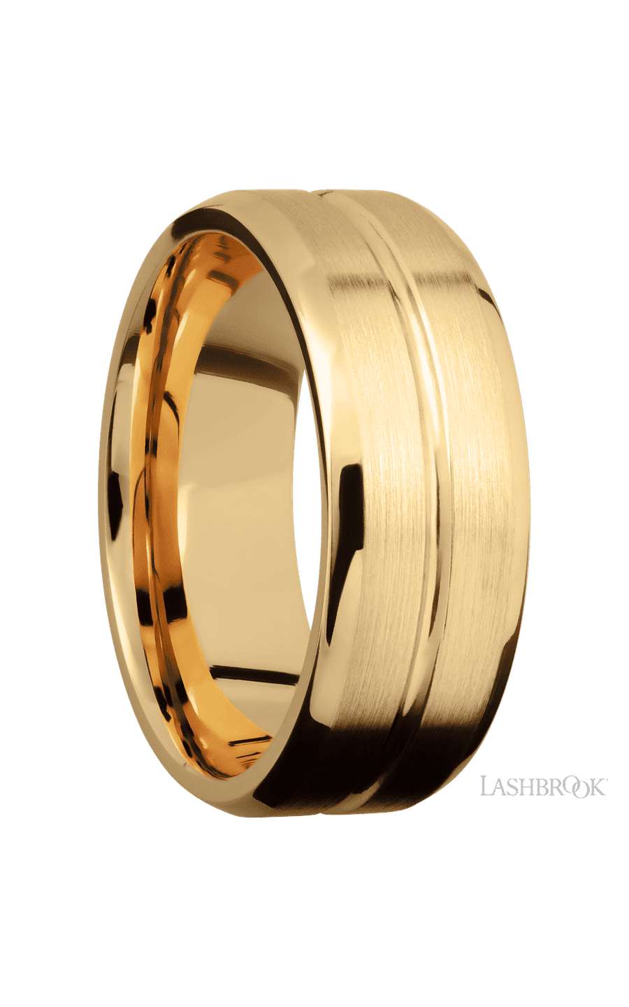 8 mm wide Beveled with Center Accent Groove 14K Yellow Gold band.