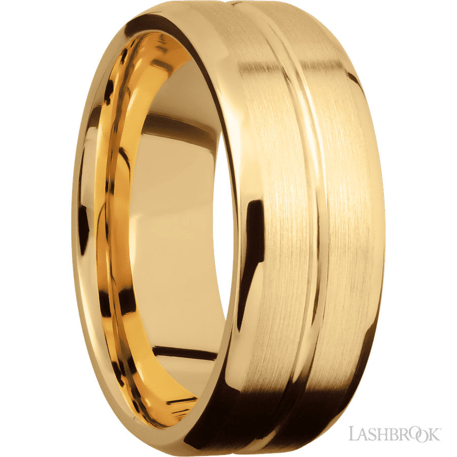 8 mm wide Beveled with Center Accent Groove 14K Yellow Gold band.