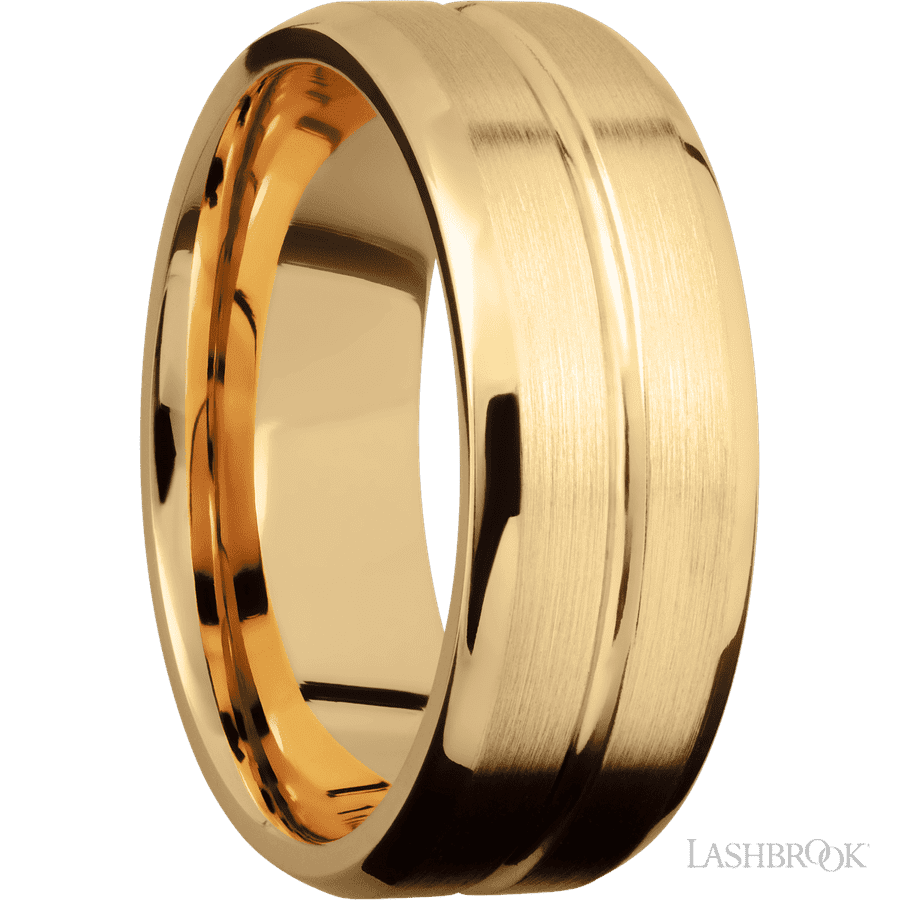 8 mm wide Beveled with Center Accent Groove 14K Yellow Gold band.
