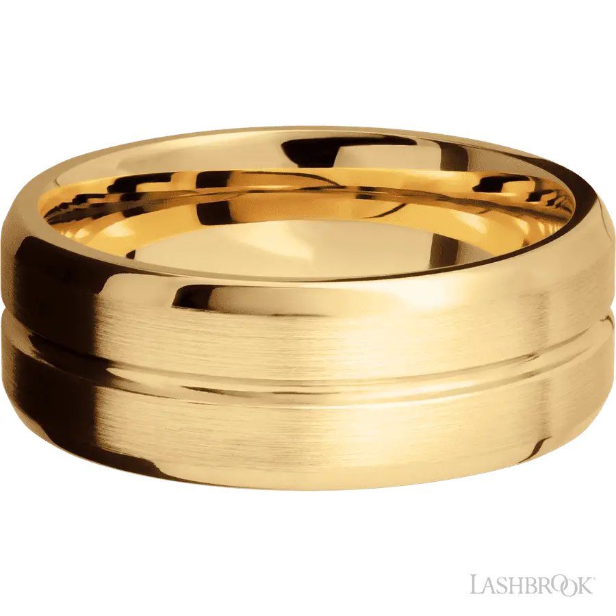 8 mm wide Beveled with Center Accent Groove 14K Yellow Gold band.