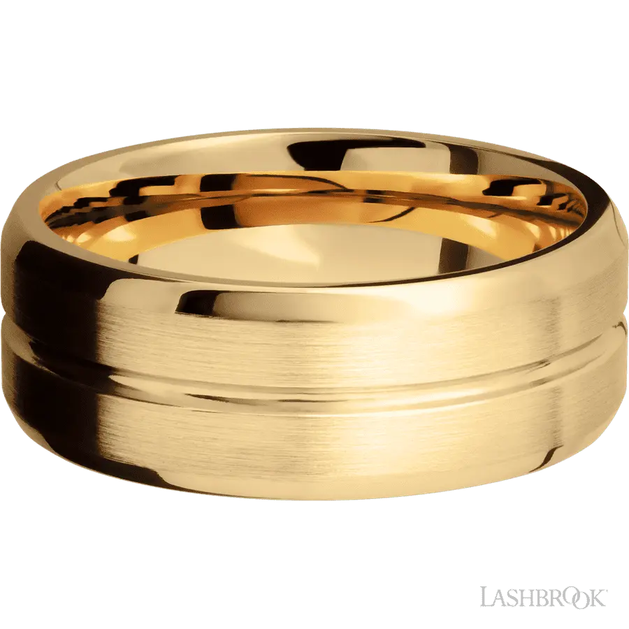 8 mm wide Beveled with Center Accent Groove 14K Yellow Gold band. Lashbrook