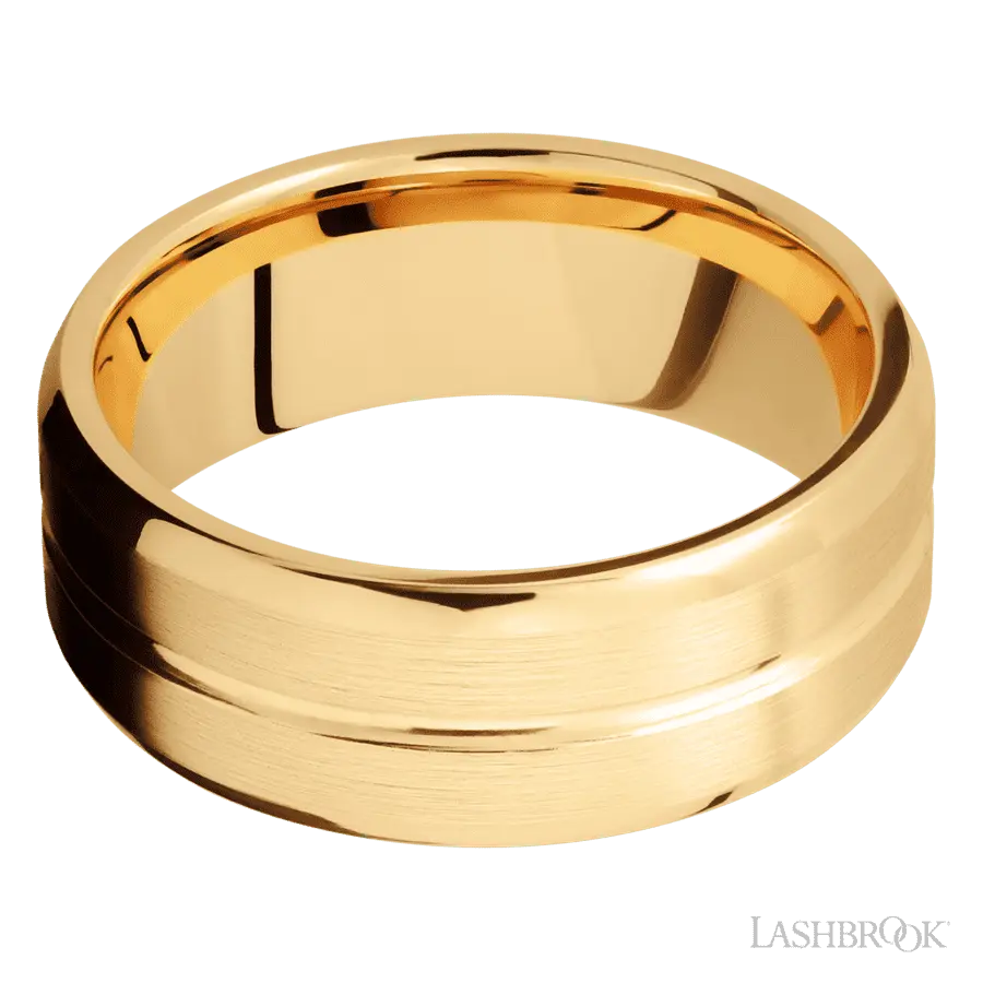 8 mm wide Beveled with Center Accent Groove 14K Yellow Gold band.