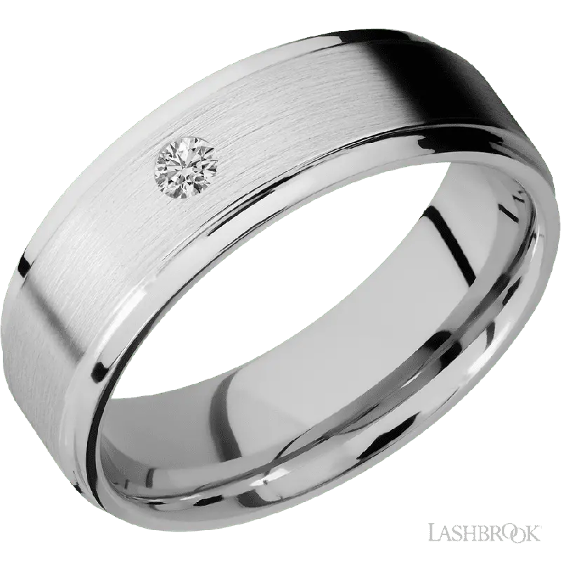 7 mm wide/Flat Grooved Edges/14K White Gold band with an  arrangement of 1, .1 carat Round Diamond stones in a Flush setting.