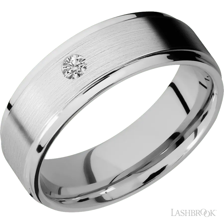 "7 mm wide/Flat Grooved Edges/14K White Gold band with an arrangement of 1, .1 carat Round Diamond stones in a Flush setting.