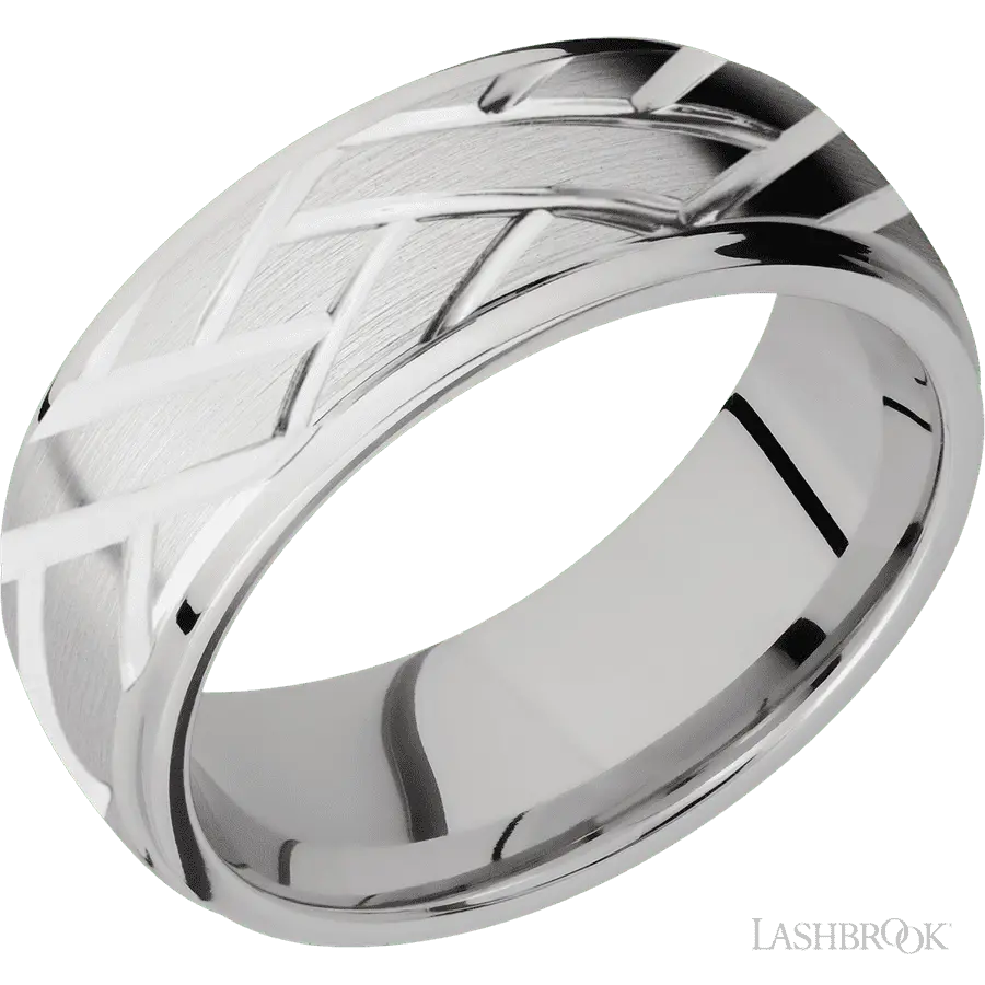 8 mm wide/Domed Stepped Down Edges/14K White Gold band with a machined Lattice pattern.