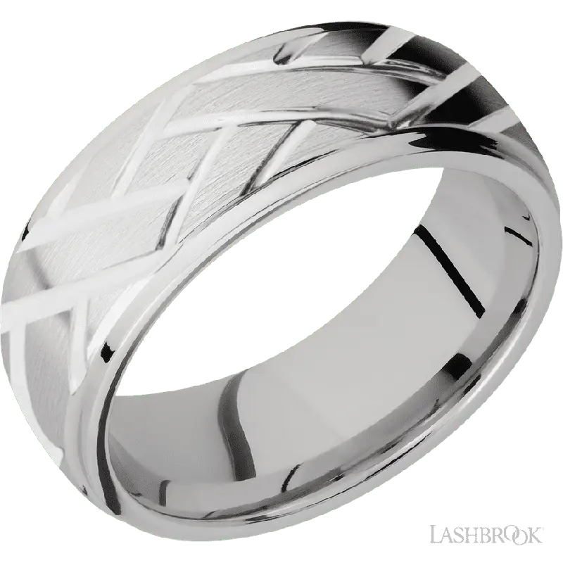 8 mm wide/Domed Stepped Down Edges/14K White Gold band with a machined Lattice pattern.