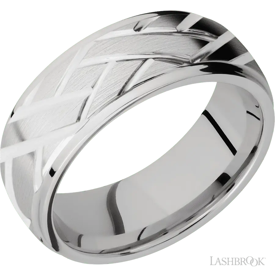 8 mm wide/Domed Stepped Down Edges/14K White Gold band with a machined Lattice pattern.