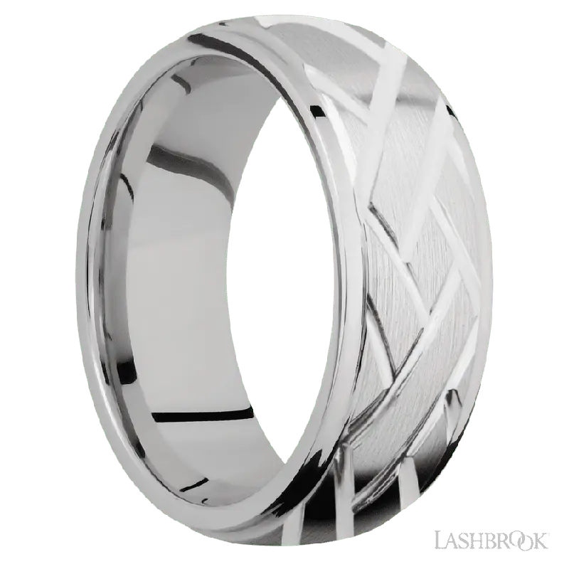 8 mm wide/Domed Stepped Down Edges/14K White Gold band with a machined Lattice pattern.