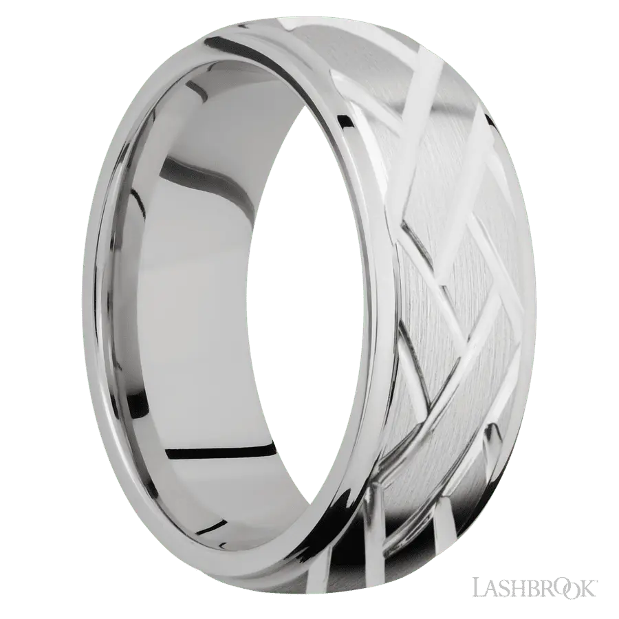 8 mm wide/Domed Stepped Down Edges/14K White Gold band with a machined Lattice pattern.
