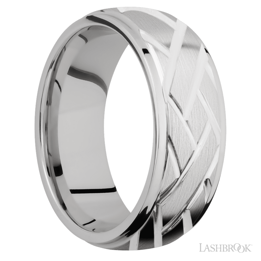 8 mm wide/Domed Stepped Down Edges/14K White Gold band with a machined Lattice pattern.