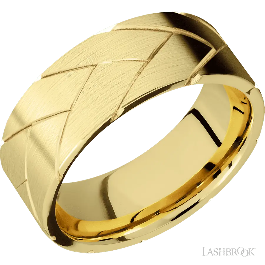 8 mm wide/Flat/14K Yellow Gold band with a machined Flatbraid pattern.