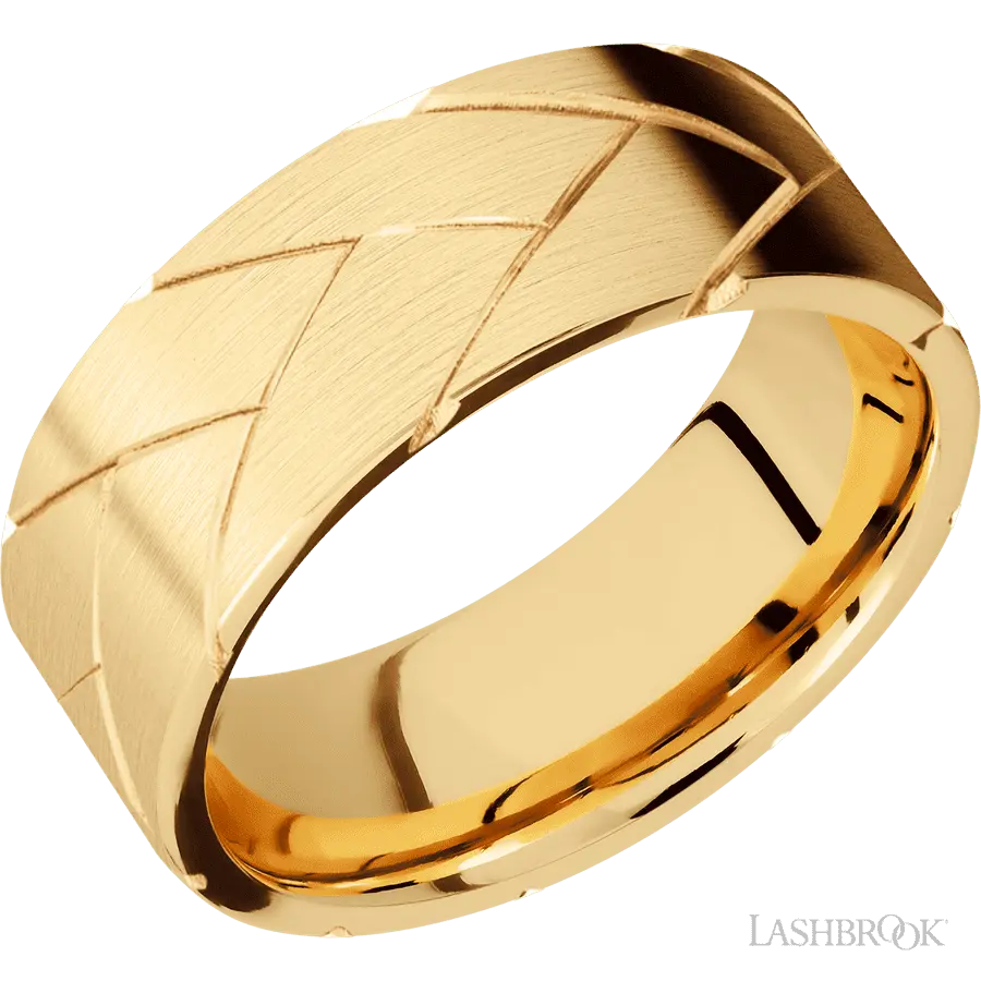 8 mm wide/Flat/14K Yellow Gold band with a machined Flatbraid pattern.