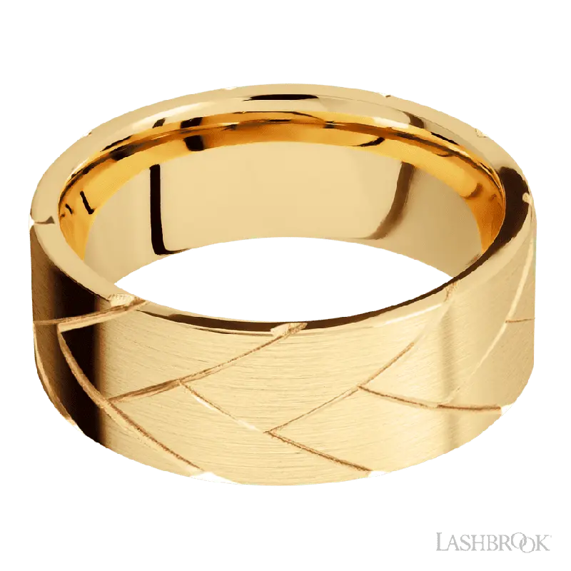 8 mm wide/Flat/14K Yellow Gold band with a machined Flatbraid pattern.