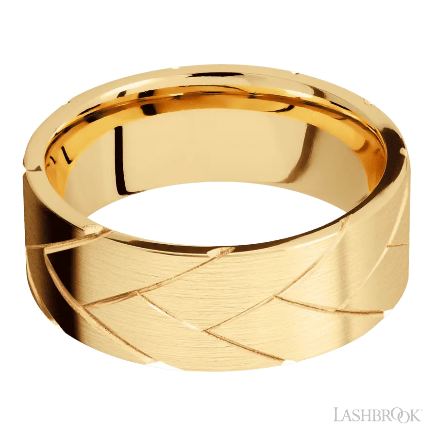 8 mm wide/Flat/14K Yellow Gold band with a machined Flatbraid pattern.