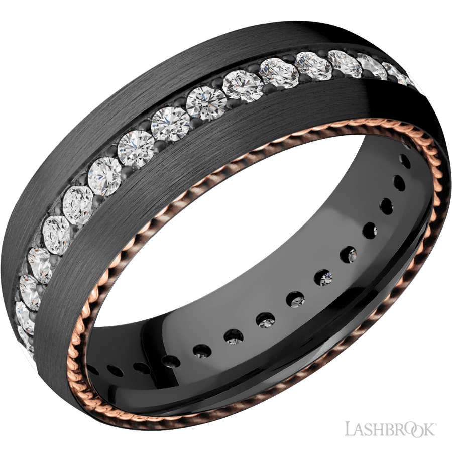 7 mm wide/Domed/Zirconium band with  two 1 mm Sidebraid inlays of 14K Rose Gold and featuring an Eternity arrangement of .03 carat Round Lab Grown Diamond stones in a Bead setting