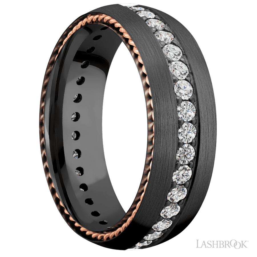 7 mm wide/Domed/Zirconium band with  two 1 mm Sidebraid inlays of 14K Rose Gold and featuring an Eternity arrangement of .03 carat Round Lab Grown Diamond stones in a Bead setting