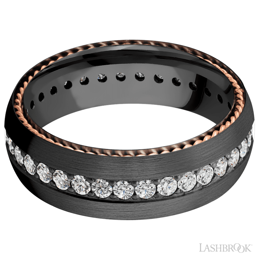 7 mm wide/Domed/Zirconium band with  two 1 mm Sidebraid inlays of 14K Rose Gold and featuring an Eternity arrangement of .03 carat Round Lab Grown Diamond stones in a Bead setting