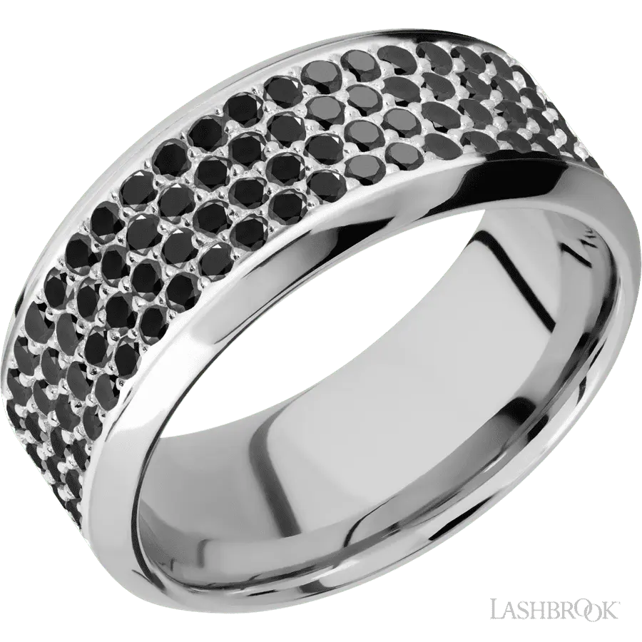 9 mm wide/High Bevel/14K White Gold band with a 4 Row Half Eternity arrangement of .015 carat Round Black Diamond stones in a Bead Channel setting.