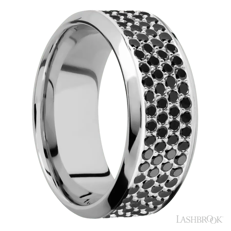 9 mm wide/High Bevel/14K White Gold band with a 4 Row Half Eternity arrangement of .015 carat Round Black Diamond stones in a Bead Channel setting.