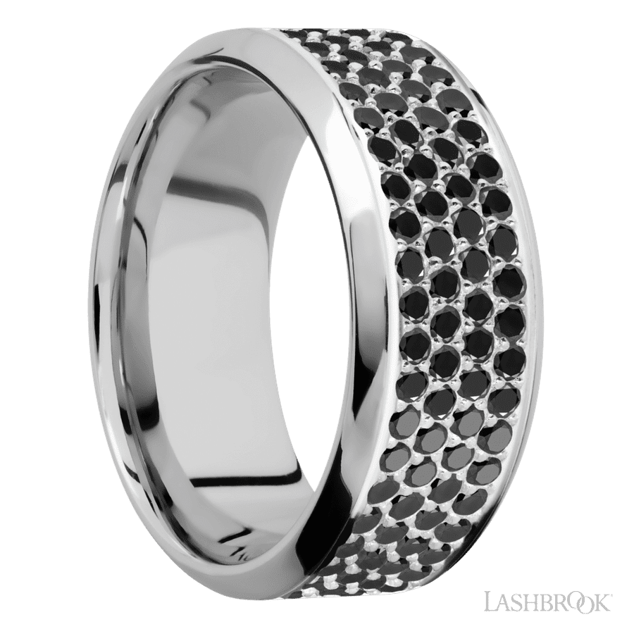 9 mm wide/High Bevel/14K White Gold band with a 4 Row Half Eternity arrangement of .015 carat Round Black Diamond stones in a Bead Channel setting.