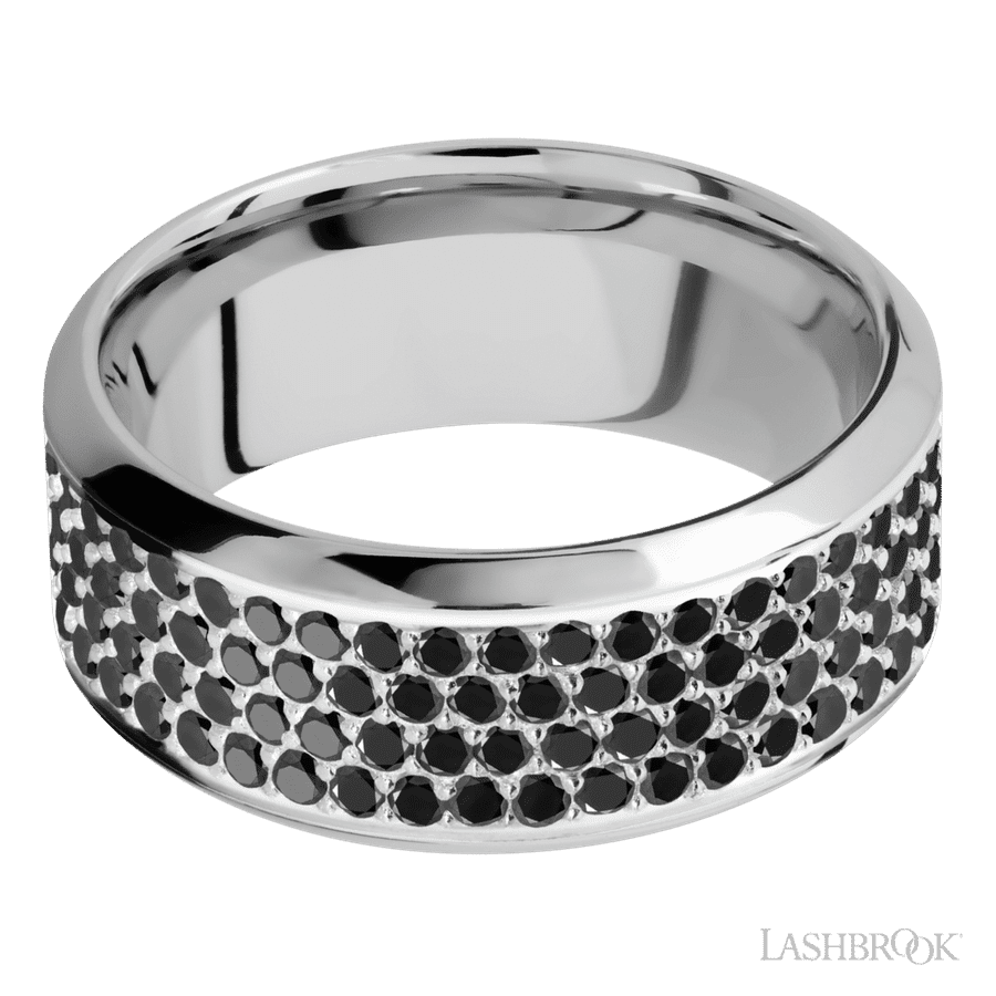 9 mm wide/High Bevel/14K White Gold band with a 4 Row Half Eternity arrangement of .015 carat Round Black Diamond stones in a Bead Channel setting.
