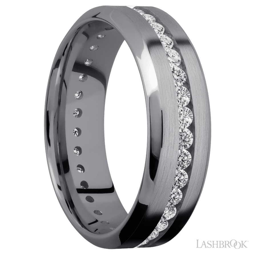 7 mm wide/High Bevel/Tantalum band with an Eternity arrangement of .03 carat Round Lab Grown Diamond stones in a Channel setting.