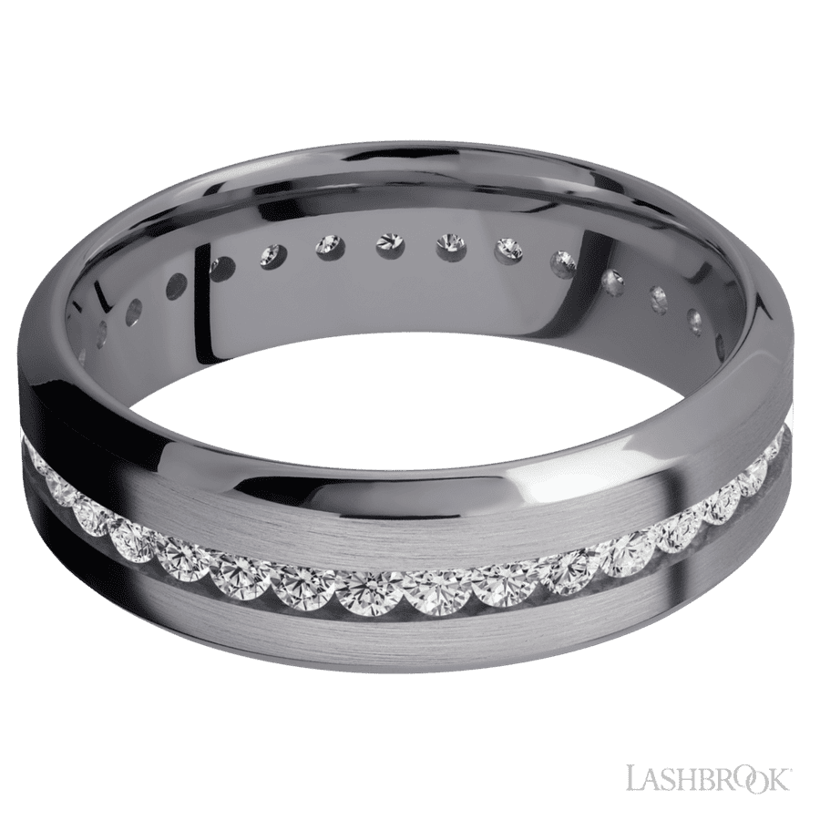 7 mm wide/High Bevel/Tantalum band with an Eternity arrangement of .03 carat Round Lab Grown Diamond stones in a Channel setting.