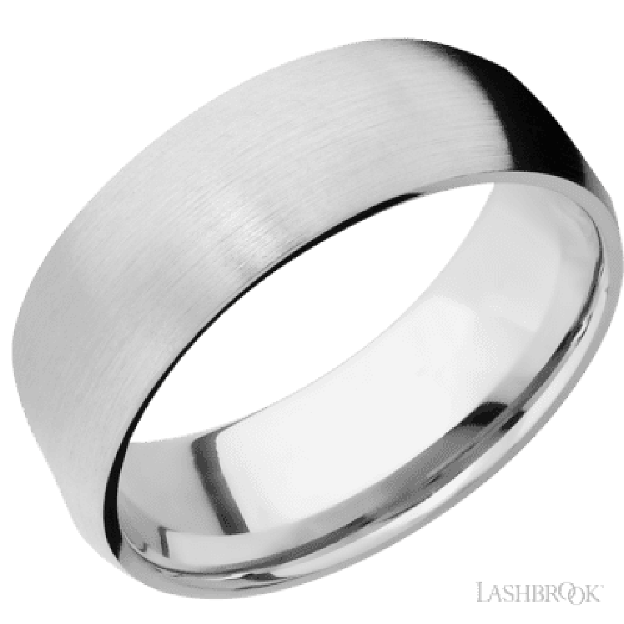 8 mm wide/Domed/14K White Gold band with  two 1 mm Sidebraid inlays of 14K White Gold and featuring a 3 Row Eternity arrangement of .015 carat Round Diamond stones in a Bead Channel setting