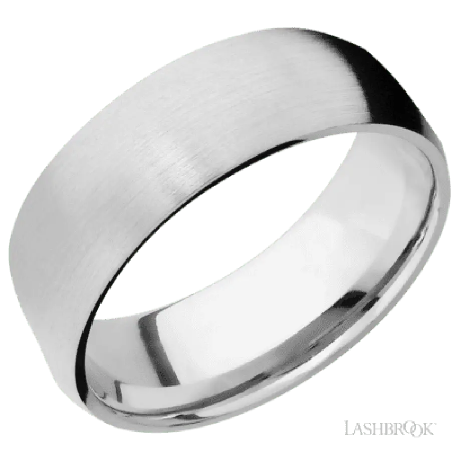 8 mm wide/Domed/14K White Gold band with  two 1 mm Sidebraid inlays of 14K White Gold and featuring a 3 Row Eternity arrangement of .015 carat Round Diamond stones in a Bead Channel setting