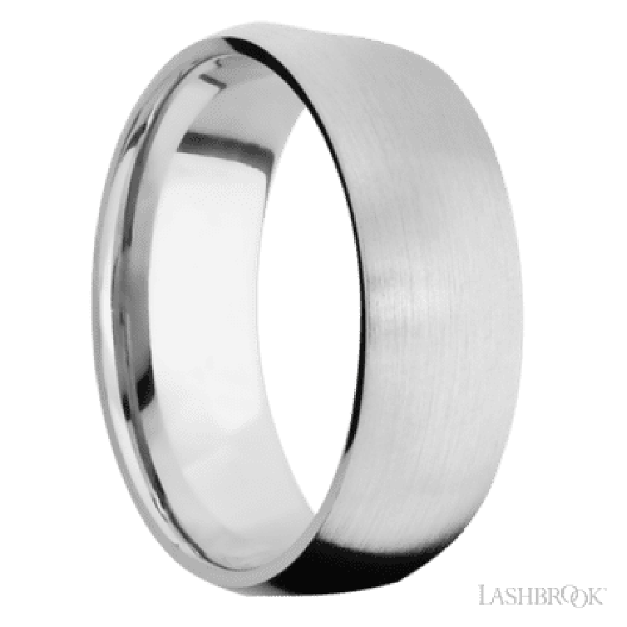 8 mm wide/Domed/14K White Gold band with  two 1 mm Sidebraid inlays of 14K White Gold and featuring a 3 Row Eternity arrangement of .015 carat Round Diamond stones in a Bead Channel setting