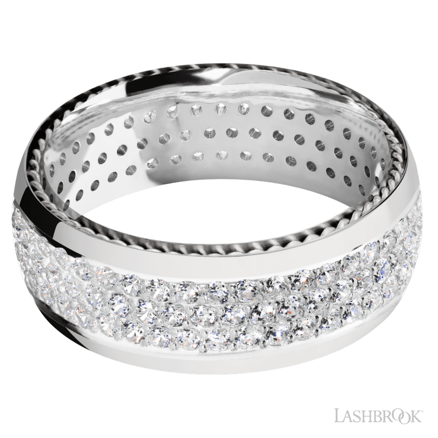 8 mm wide/Domed/14K White Gold band with  two 1 mm Sidebraid inlays of 14K White Gold and featuring a 3 Row Eternity arrangement of .015 carat Round Diamond stones in a Bead Channel setting