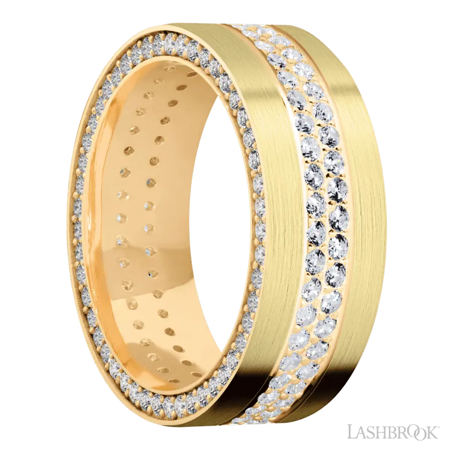 8 mm wide/Flat/14K Yellow Gold band with a Side Eternity arrangement of .01 carat Round Diamond stones in a Bead Channel setting and featuring a a 2 Row Eternity arrangement of .015 carat Round Diamond stones in a Bead Channel setting