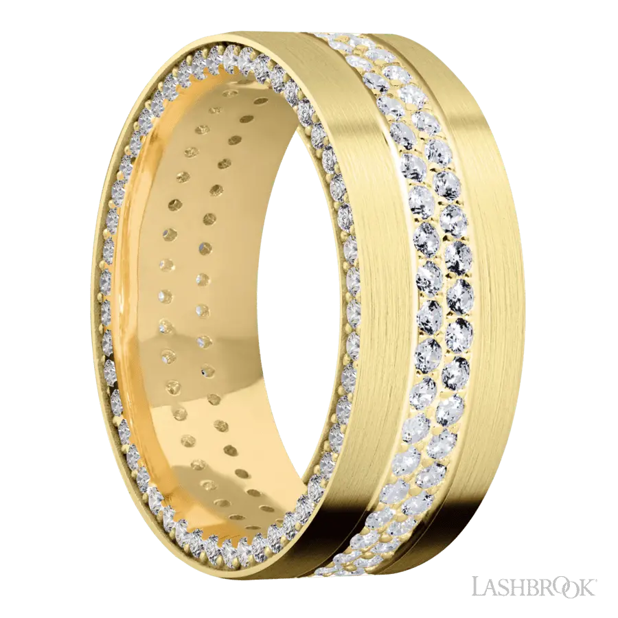 8 mm wide/Flat/14K Yellow Gold band with a Side Eternity arrangement of .01 carat Round Diamond stones in a Bead Channel setting and featuring a a 2 Row Eternity arrangement of .015 carat Round Diamond stones in a Bead Channel setting