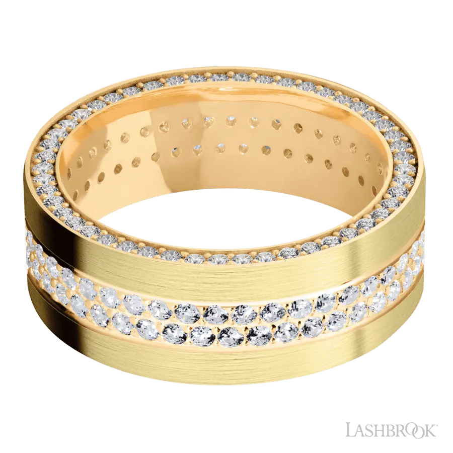 8 mm wide/Flat/14K Yellow Gold band with a Side Eternity arrangement of .01 carat Round Diamond stones in a Bead Channel setting and featuring a a 2 Row Eternity arrangement of .015 carat Round Diamond stones in a Bead Channel setting