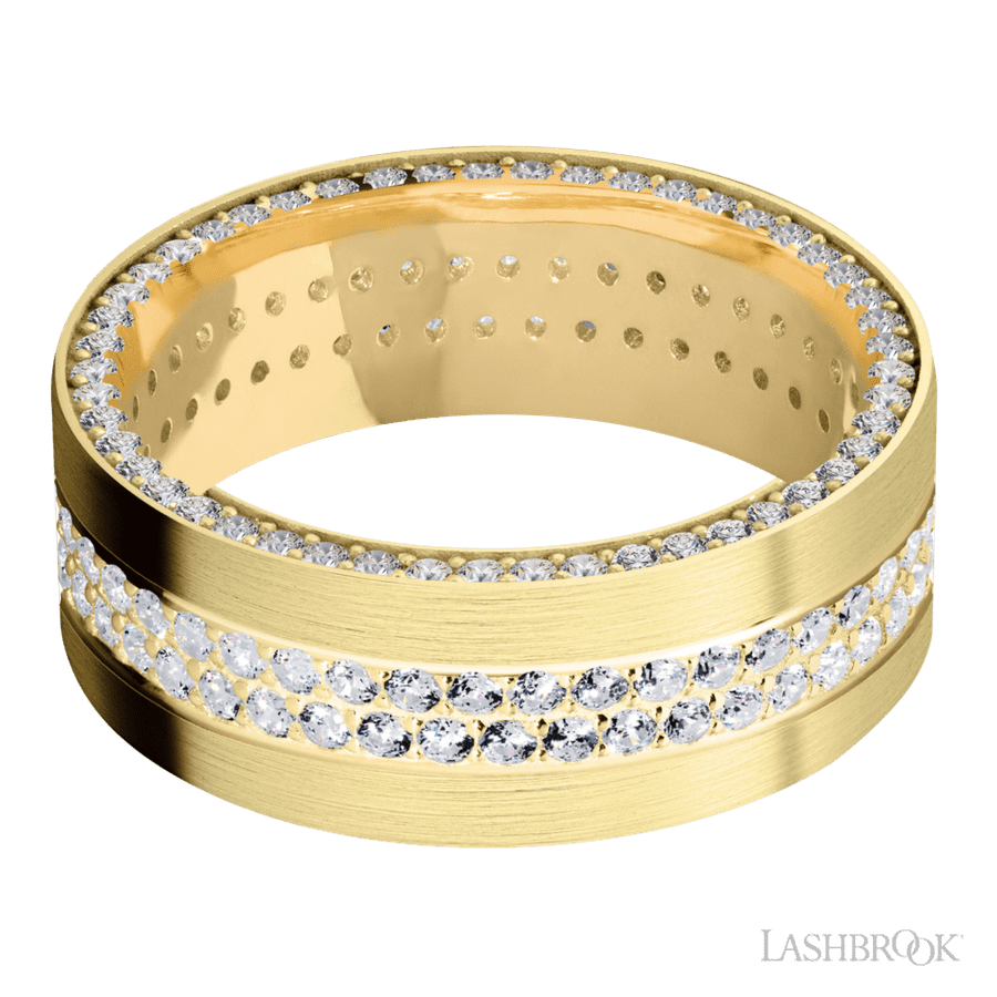 8 mm wide/Flat/14K Yellow Gold band with a Side Eternity arrangement of .01 carat Round Diamond stones in a Bead Channel setting and featuring a a 2 Row Eternity arrangement of .015 carat Round Diamond stones in a Bead Channel setting