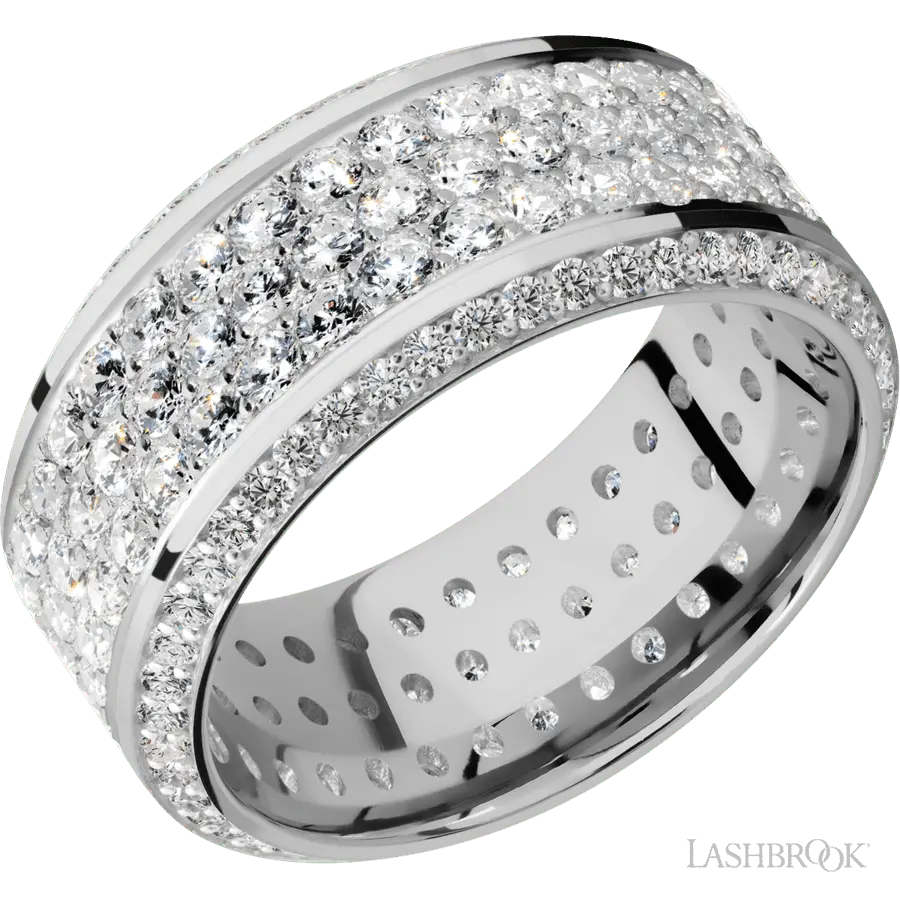 10 mm wide/High Bevel/14K White Gold band with a Bevel Eternity arrangement of .01 carat Round Diamond stones in a Bead setting and featuring a a 3 Row Eternity arrangement of .03 carat Round Diamond stones in a Bead Channel setting